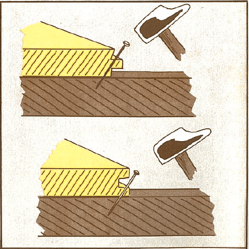 Pose d'un plancher rainure languette: clouer le parquet en biais dans la languette avec un marteau.