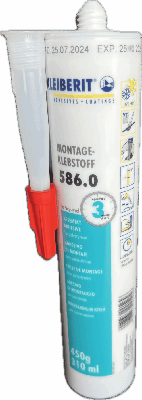 Tube blanc d'adhésif de montage Kleiberit 586.0 pour polystyrène, 450g/310ml. Indique P.D. 25.07.2024, EXP. 25.10.2025, temps ouvert 3 min.
