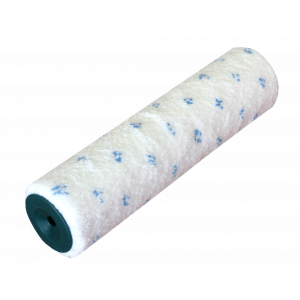 Manchon de rouleau à peinture blanc avec motifs bleus et axe vert, pour application murale.